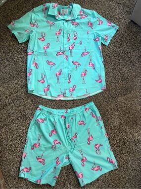 Hurley Aqua and Pink Flamingo Men Bathing Suit and Shirt Set